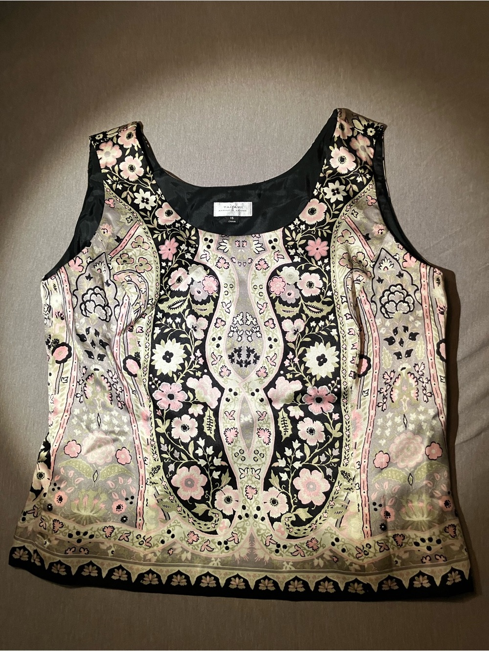 Tahari Silk Floral Tank Top - Black & Pink